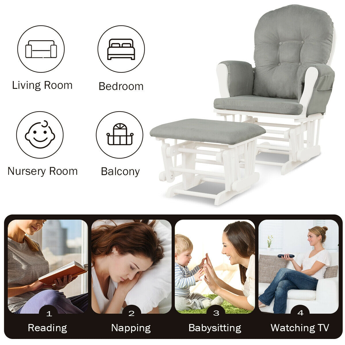 Wood Glider and Ottoman Set with Padded Armrests and Detachable Cushion-Brown