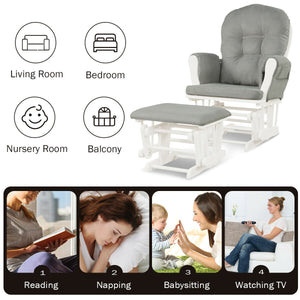 Wood Glider and Ottoman Set with Padded Armrests and Detachable Cushion-Brown