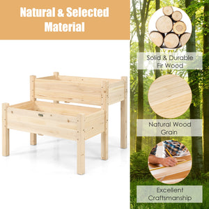 2 Tier Wooden Elevated Planter Box with Legs and Drain Holes for Balcony and Yard
