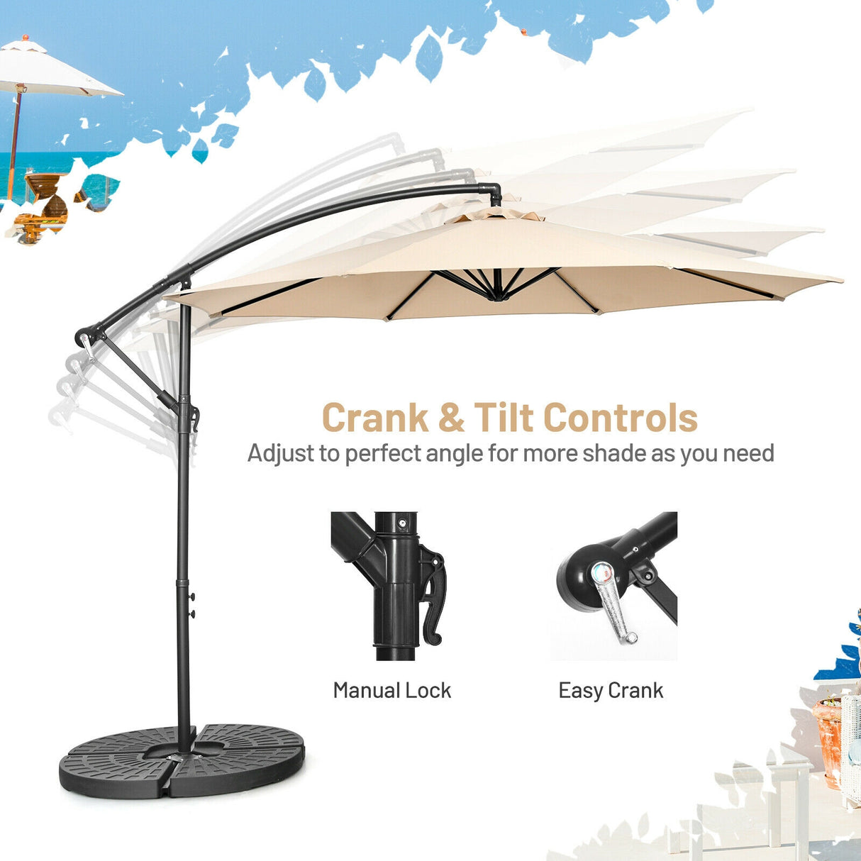 10 Feet Offset Umbrella with 8 Ribs Cantilever and Cross Base-Brown
