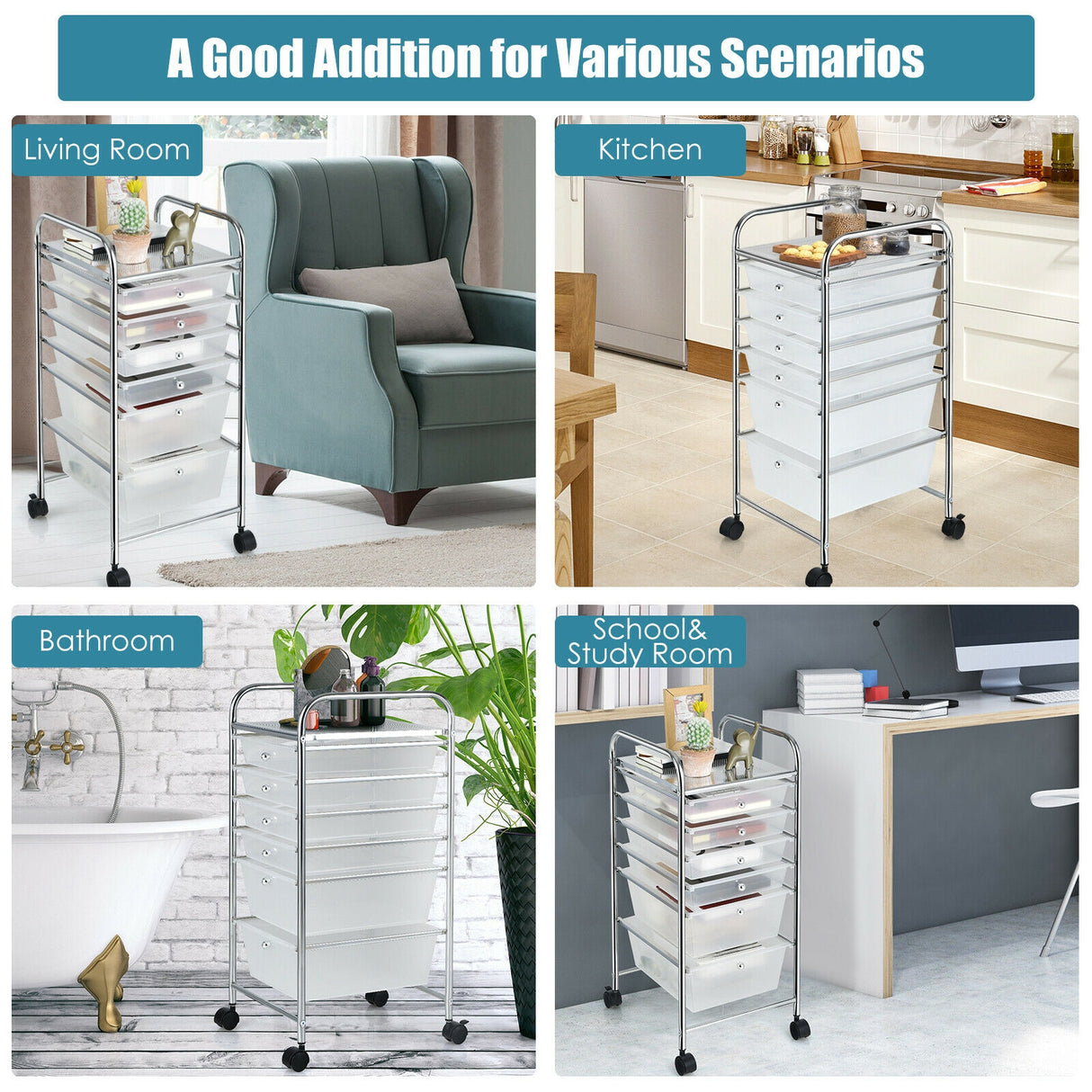 6 Drawers Rolling Storage Cart Organizer-Transparent Multicolor