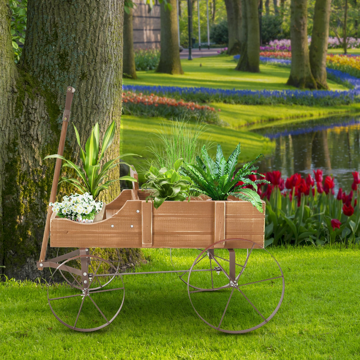 Wooden Wagon Plant Bed With Wheel for Garden Yard-Red