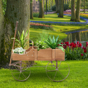 Wooden Wagon Plant Bed With Wheel for Garden Yard-Red