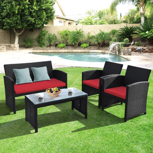 4 Pieces Rattan Patio Furniture Set with Weather Resistant Cushions and Tempered Glass Tabletop-White