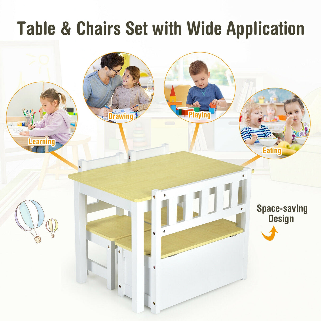 4 Pieces Kids Wooden Activity Table and Chairs Set with Storage Bench and Study Desk-Gray