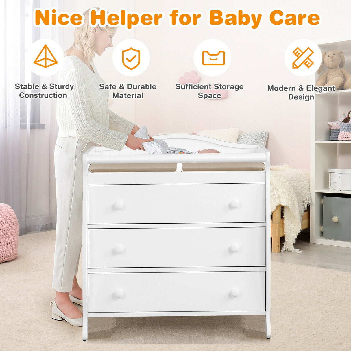 Baby Changing Table Infant Diaper with 3 Drawers and Safety Belt-Brown