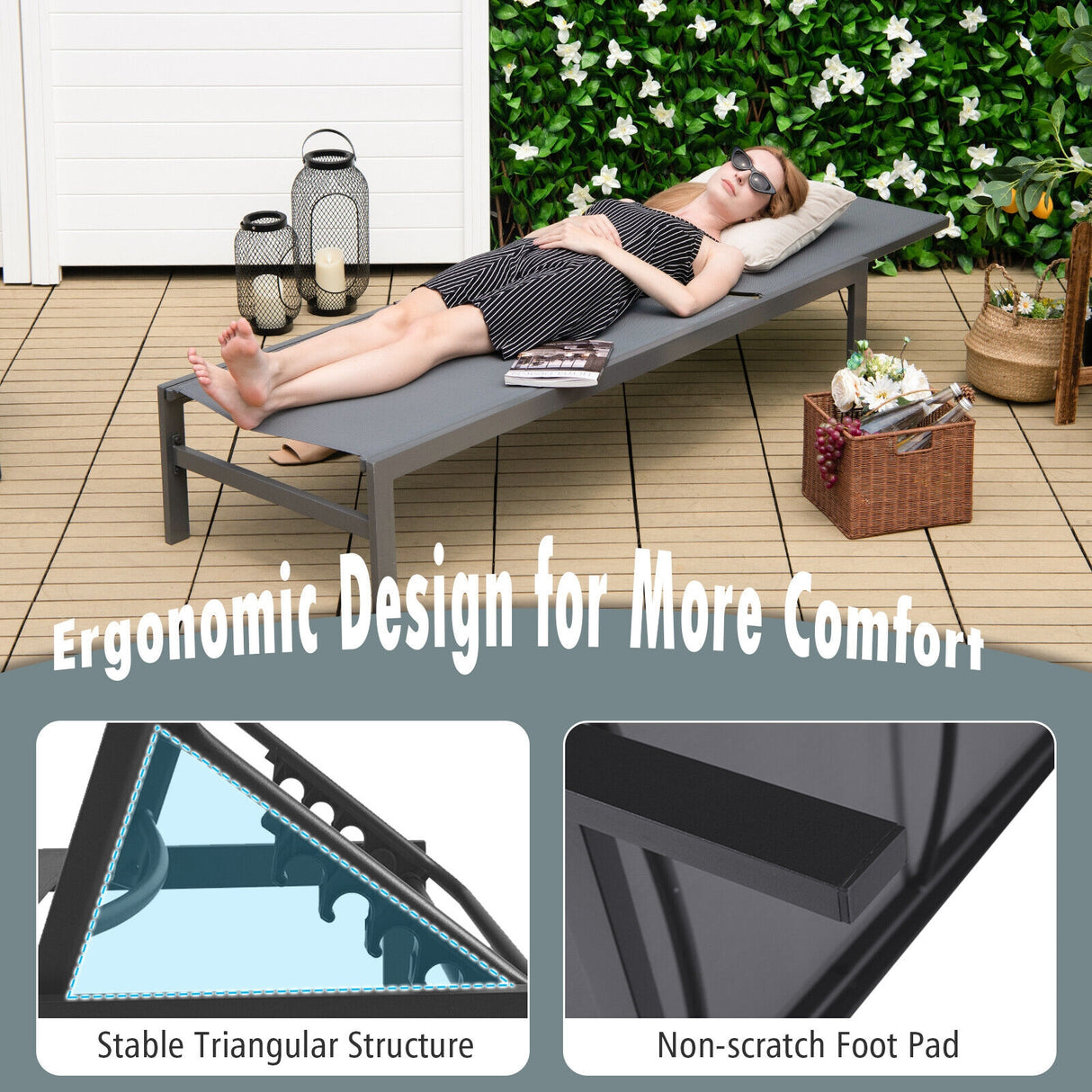 6-Position Chaise Lounge Chairs with Rustproof Aluminium Frame-Black