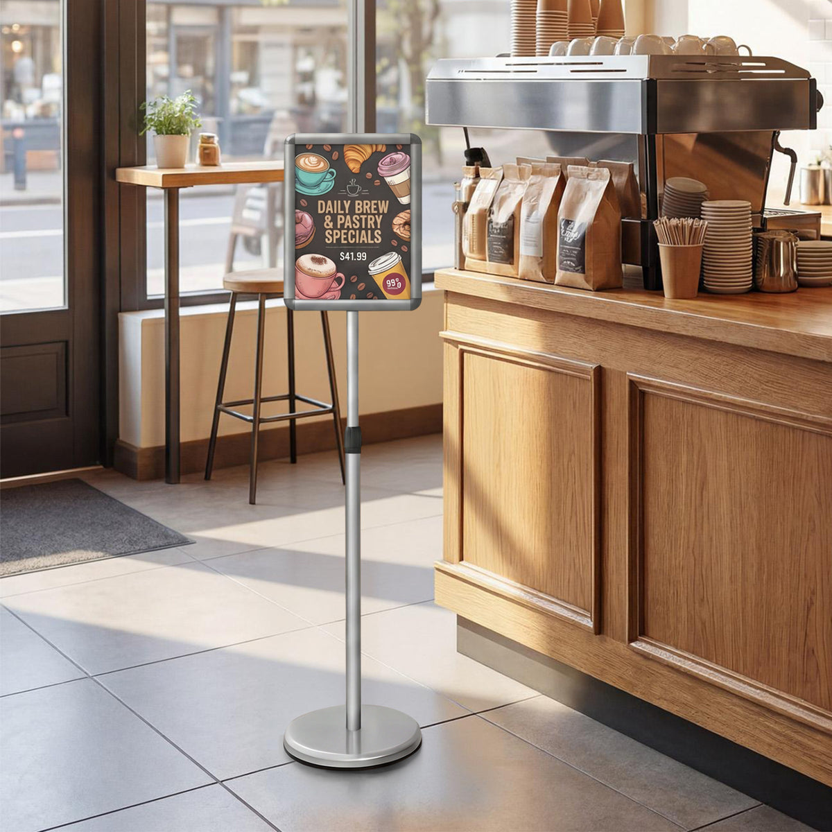 8.5 x 11Inch Sign Holder Stand with Snap-Open Frame and 360Â° Rotation-Silver