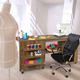 Folding Sewing Table Shelves Storage Cabinet Craft Cart with Wheels-White