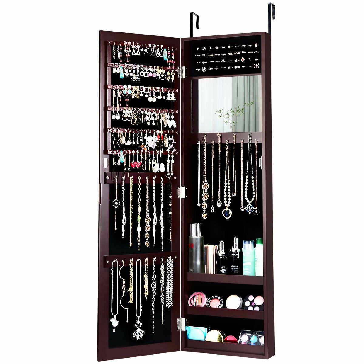 Full Length Mirror Jewelry Cabinet with Ring Slots and Necklace Hooks-Black