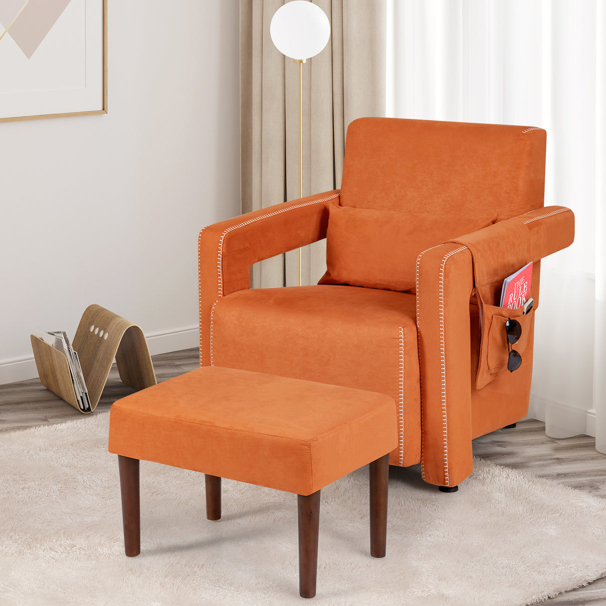 Modern Berber Fleece Single Sofa Chair with Ottoman and Waist Pillow-Blue