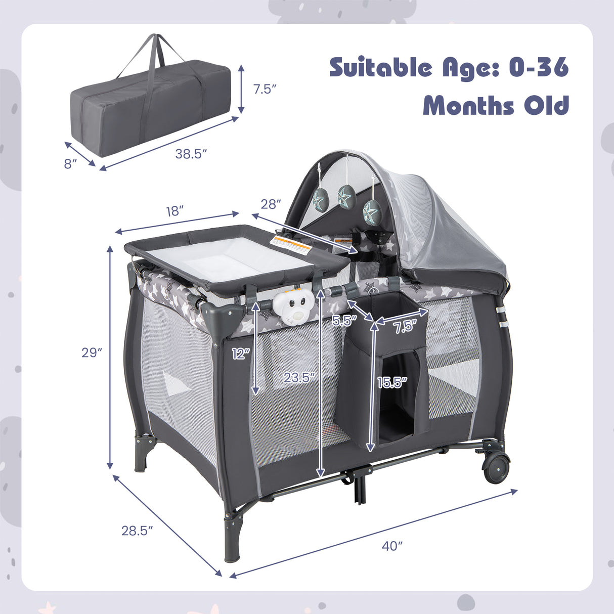 Portable Baby Nursery Center 4-in-1 Portable Travel Crib-Gray