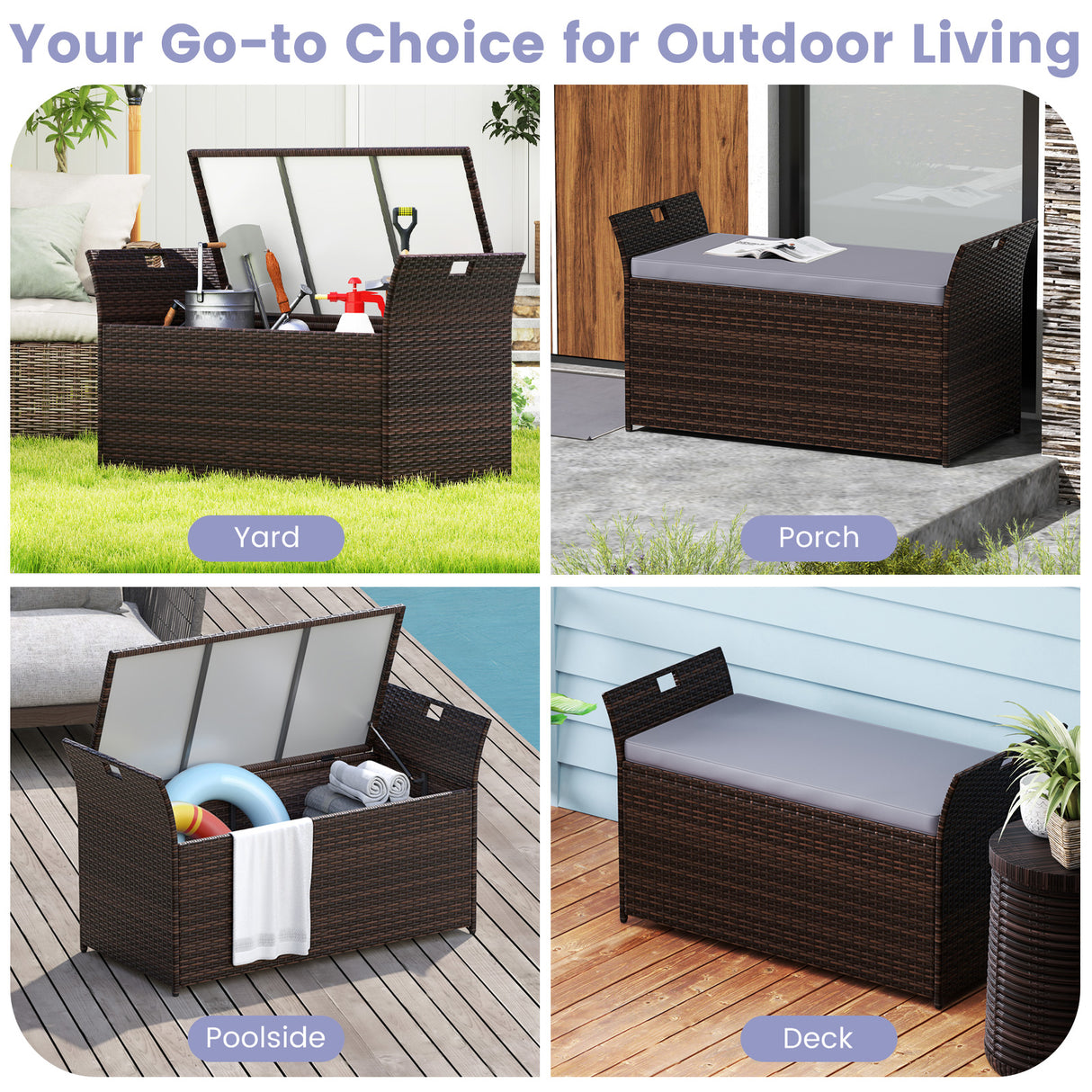Outdoor Bench with Hand-woven PE Rattan Wicker and Side Handles-Gray