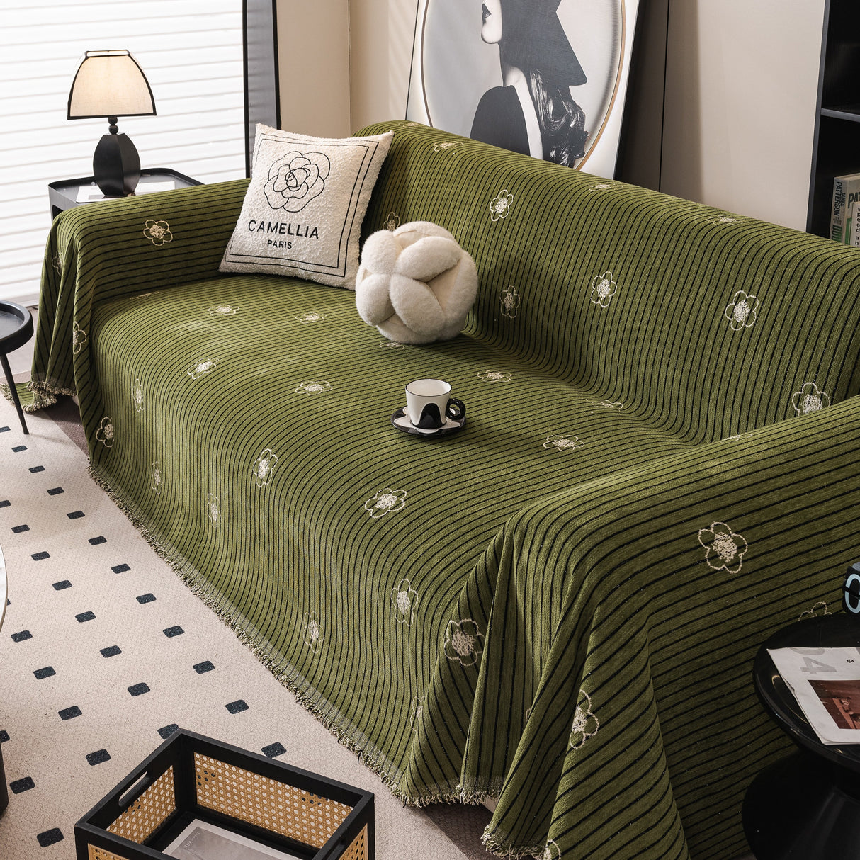 Chenille Camellia Floral Sofa Throw Cover Couch Blanket with Striped Jacquard