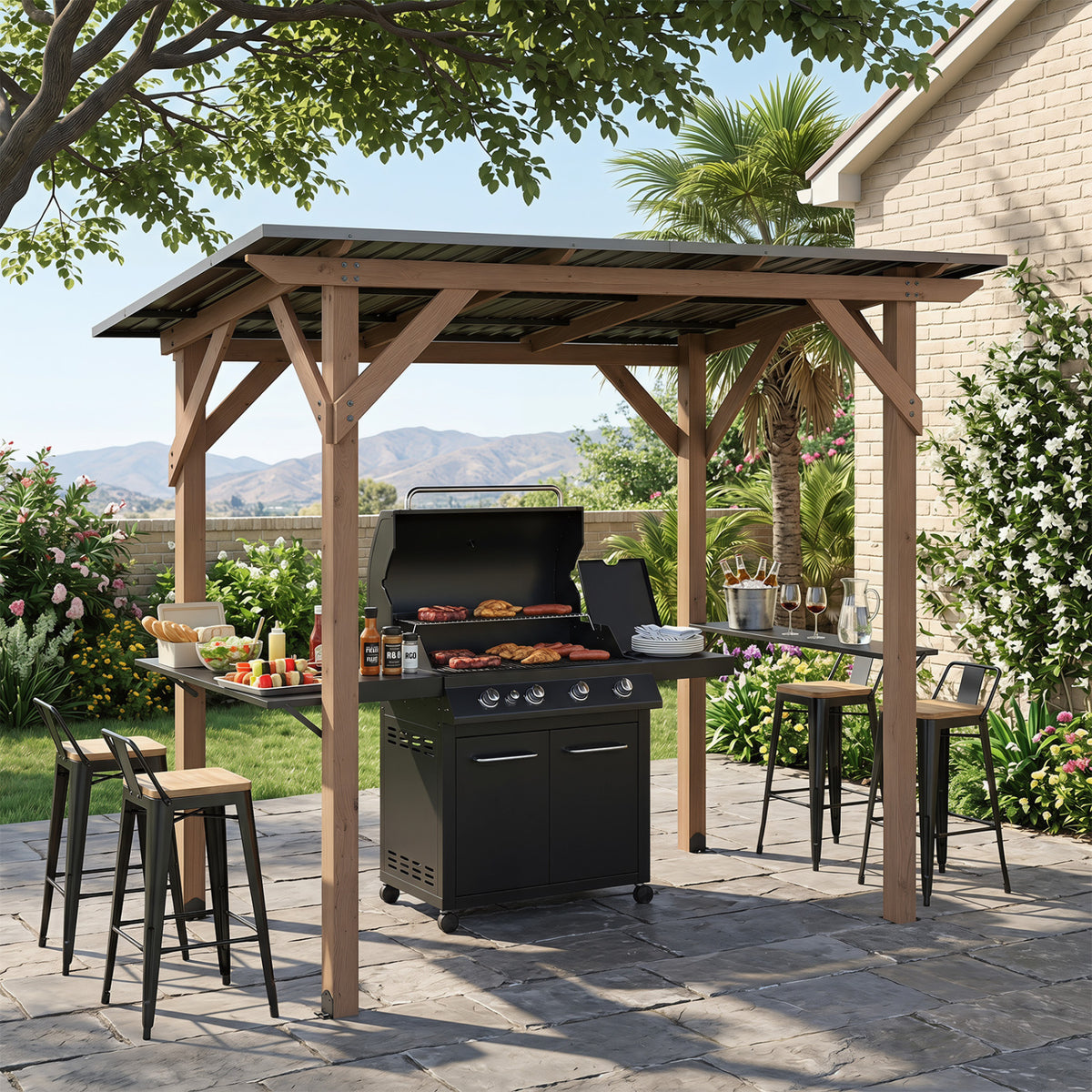 8.6 FT x 5 FT Grill Gazebo Cedar Wood BBQ Gazebo with 2 Side Serving Shelves-Brown