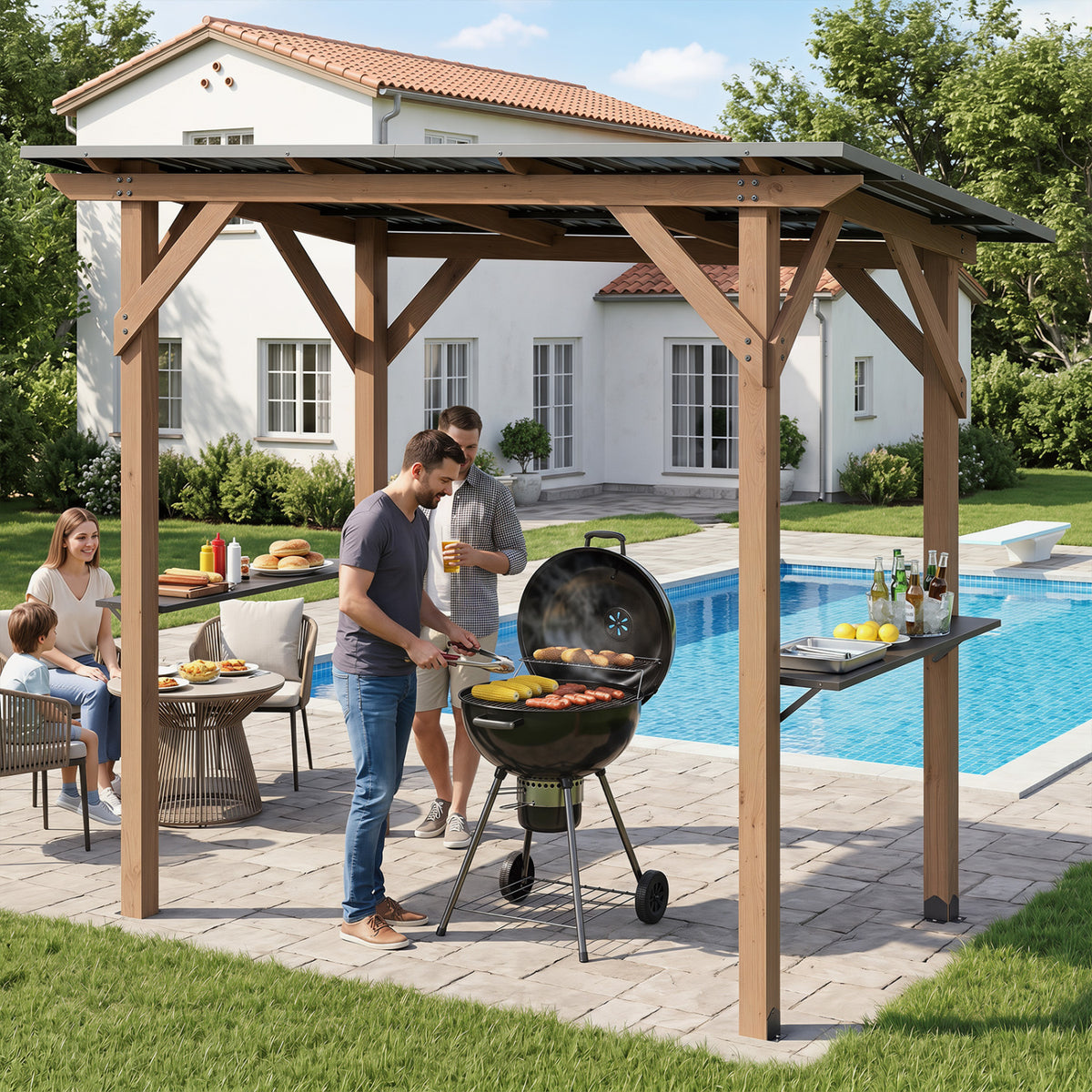 8.6 FT x 5 FT Grill Gazebo Cedar Wood BBQ Gazebo with 2 Side Serving Shelves-Brown