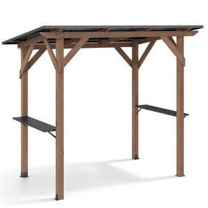 8.6 FT x 5 FT Grill Gazebo Cedar Wood BBQ Gazebo with 2 Side Serving Shelves-Brown