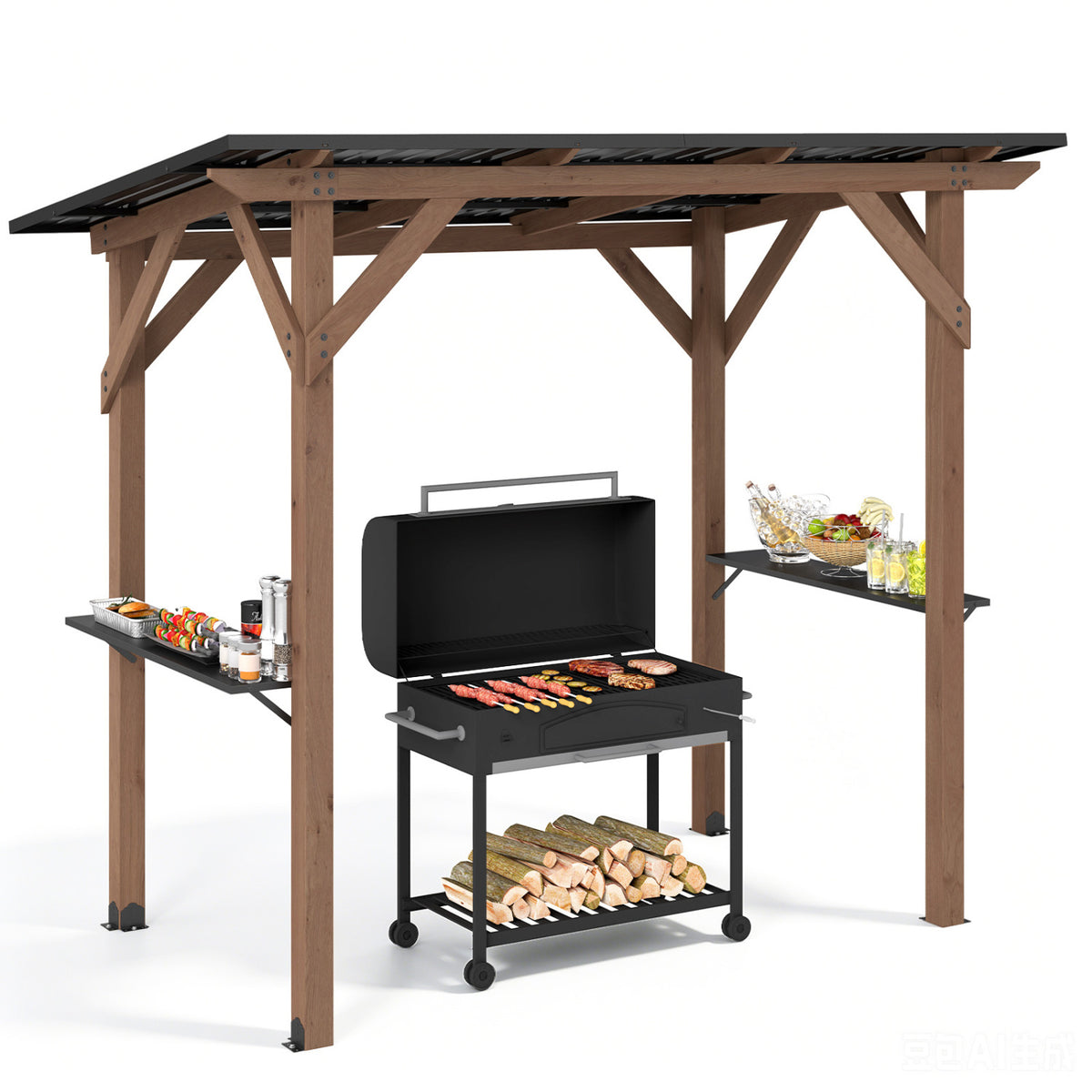 8.6 FT x 5 FT Grill Gazebo Cedar Wood BBQ Gazebo with 2 Side Serving Shelves-Brown