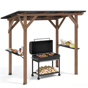 8.6 FT x 5 FT Grill Gazebo Cedar Wood BBQ Gazebo with 2 Side Serving Shelves-Brown