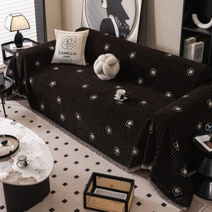 Chenille Camellia Floral Sofa Throw Cover Couch Blanket with Striped Jacquard