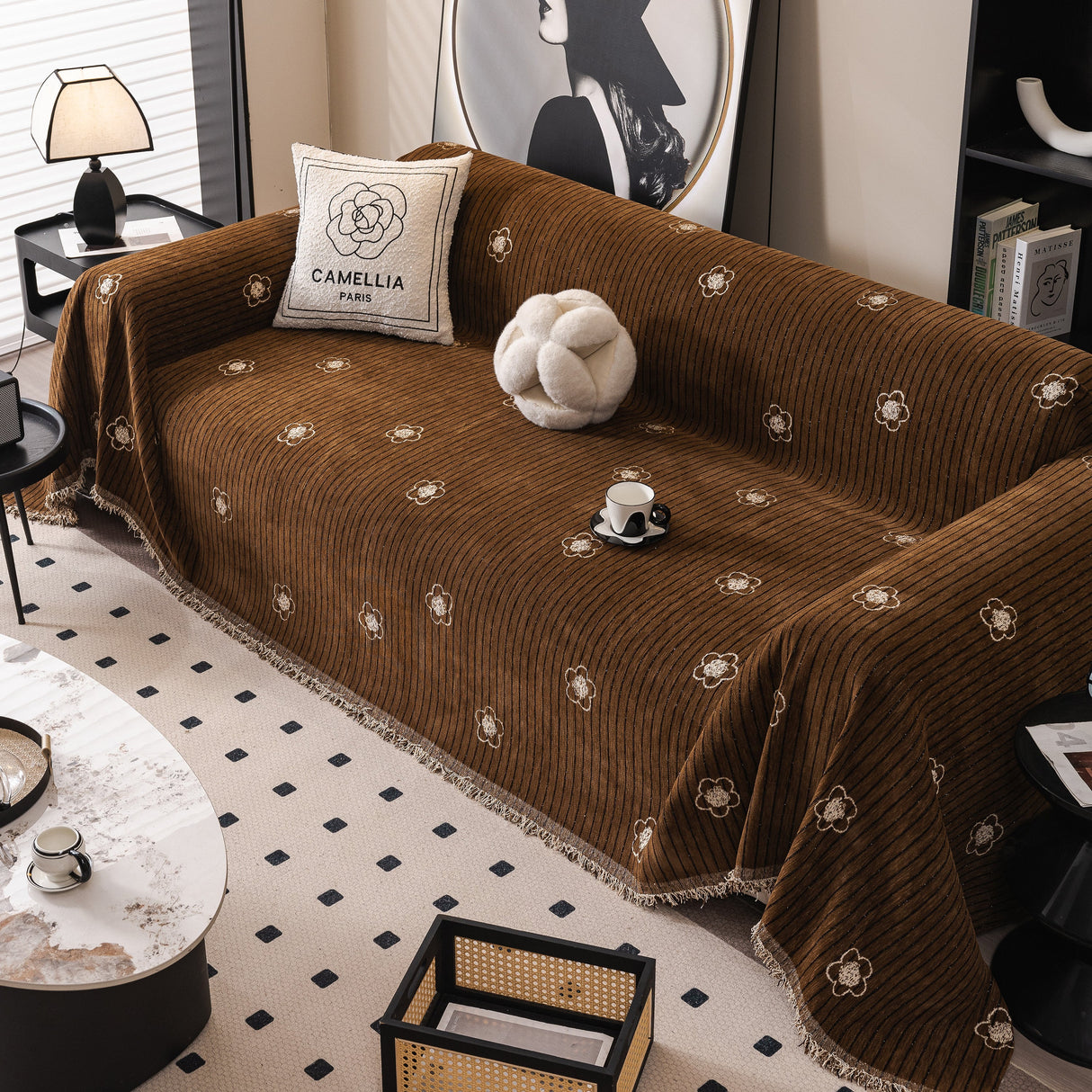 Chenille Camellia Floral Sofa Throw Cover Couch Blanket with Striped Jacquard