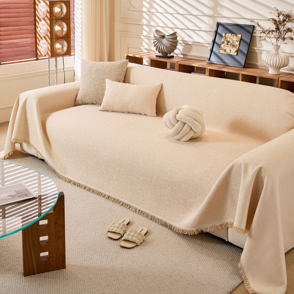 Natural Textured Linen Couch Cover, Breathable & Hypoallergenic Furniture Protector