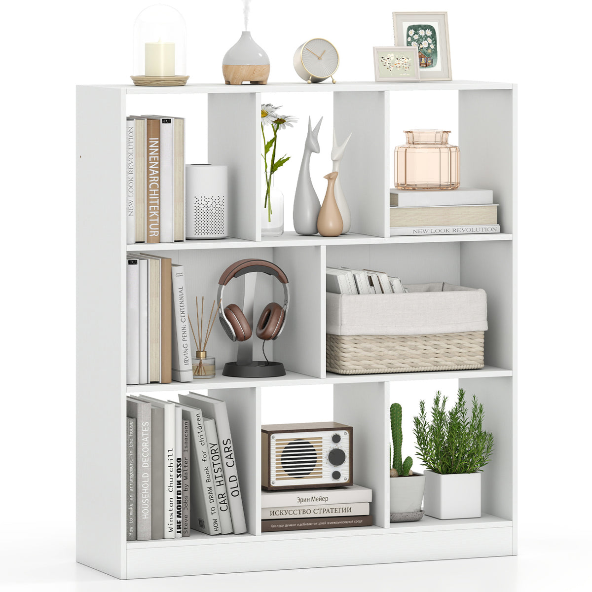 8-Cube Bookcase 3-Tier with 2-Sized Compartments and Anti-Tip Kits for Living Room-White