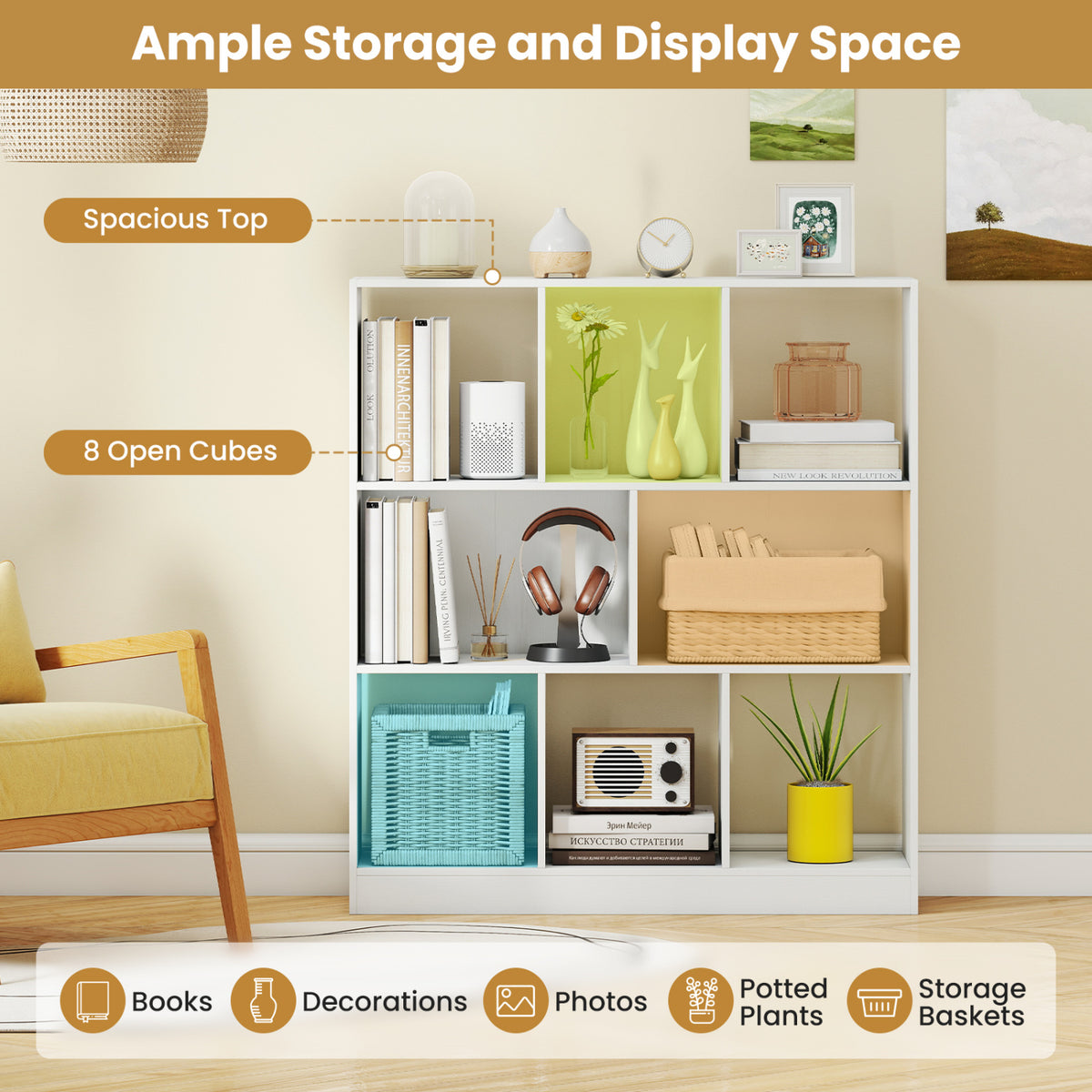 8-Cube Bookcase 3-Tier with 2-Sized Compartments and Anti-Tip Kits for Living Room-White