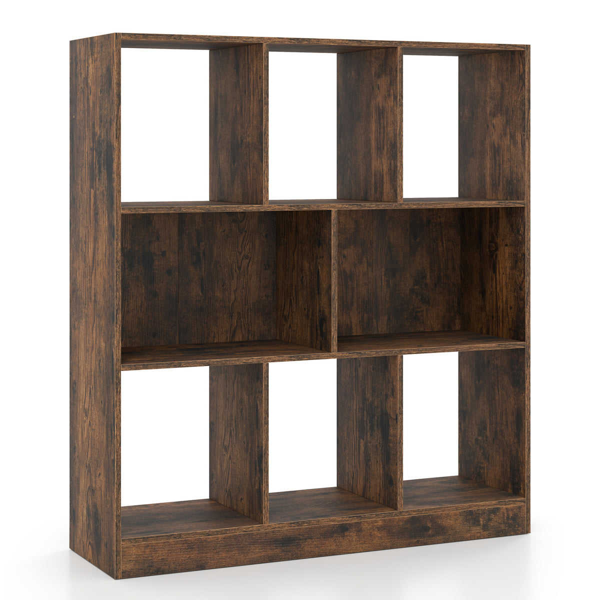 8-Cube Bookcase 3-Tier with 2-Sized Compartments and Anti-Tip Kits for Living Room-Rustic Brown