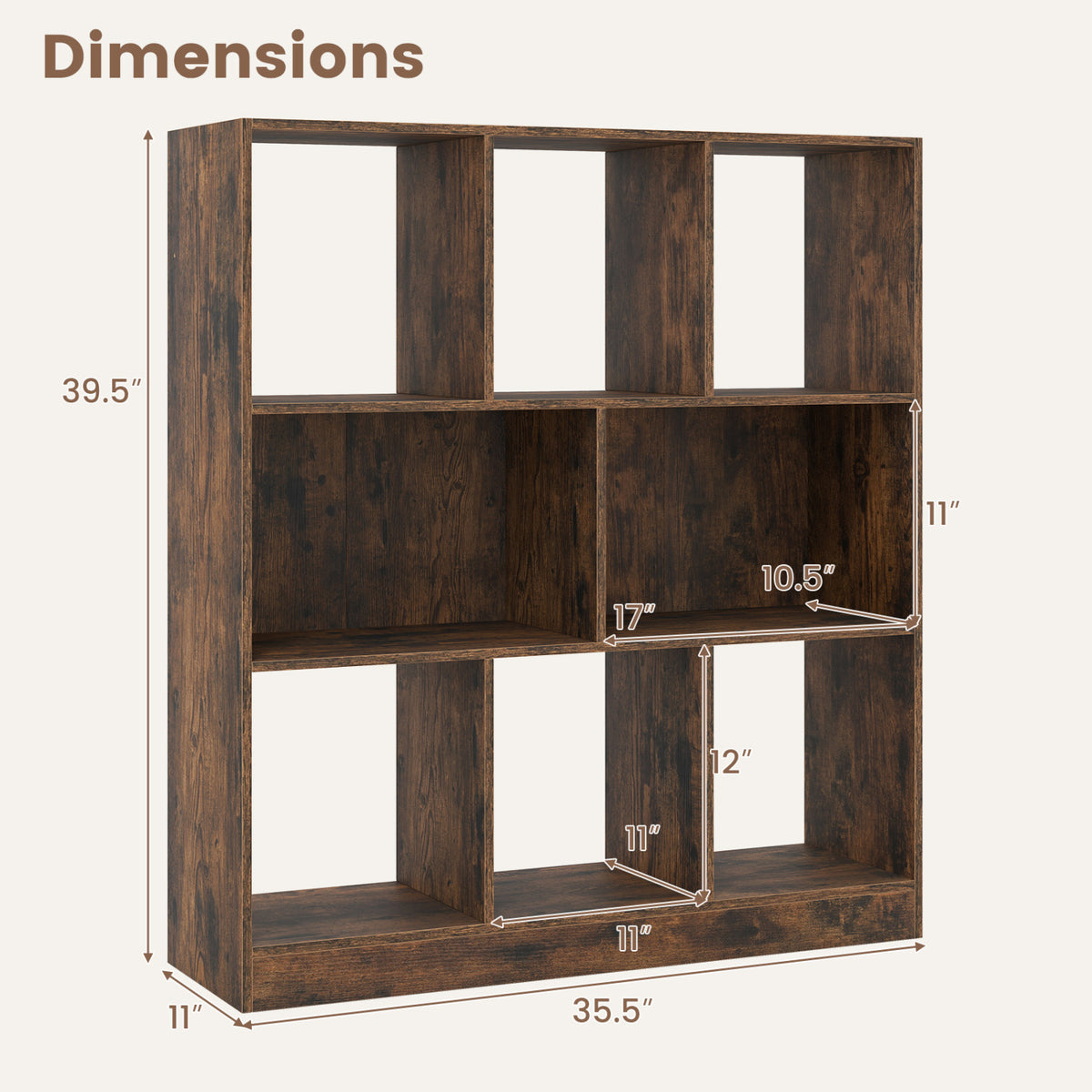 8-Cube Bookcase 3-Tier with 2-Sized Compartments and Anti-Tip Kits for Living Room-Rustic Brown