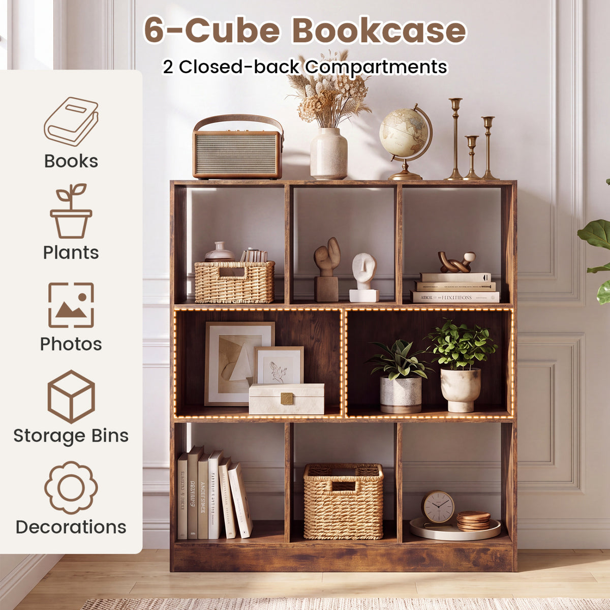 8-Cube Bookcase 3-Tier with 2-Sized Compartments and Anti-Tip Kits for Living Room-Rustic Brown