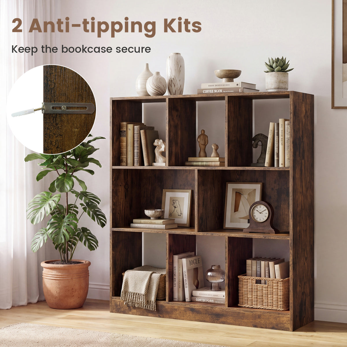 8-Cube Bookcase 3-Tier with 2-Sized Compartments and Anti-Tip Kits for Living Room-Rustic Brown