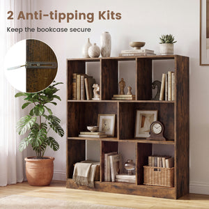 8-Cube Bookcase 3-Tier with 2-Sized Compartments and Anti-Tip Kits for Living Room-Rustic Brown