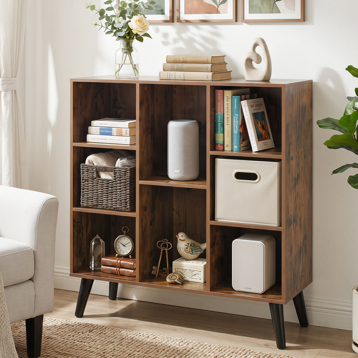 8-Cube Bookcase with Raised Support Legs for Living Room-Rustic Brown