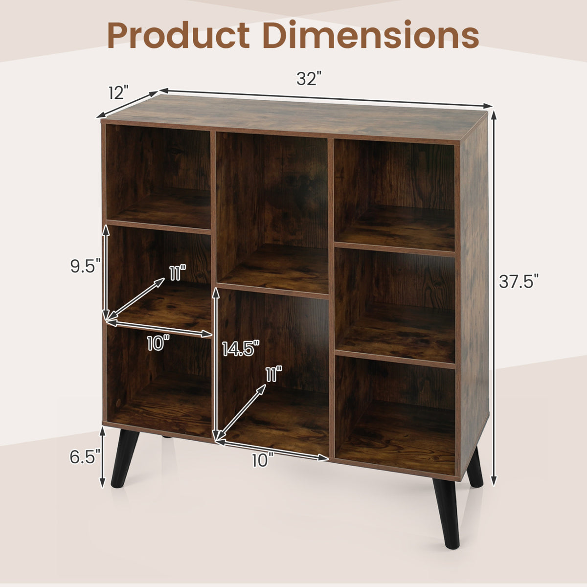 8-Cube Bookcase with Raised Support Legs for Living Room-Rustic Brown