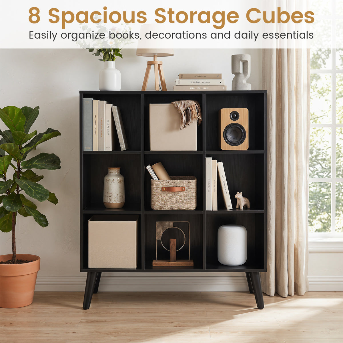 8-Cube Bookcase with Raised Support Legs for Living Room-Black