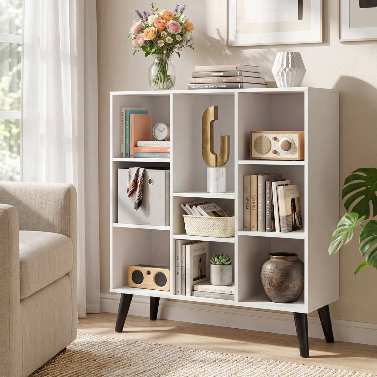 8-Cube Bookcase with Raised Support Legs for Living Room-White