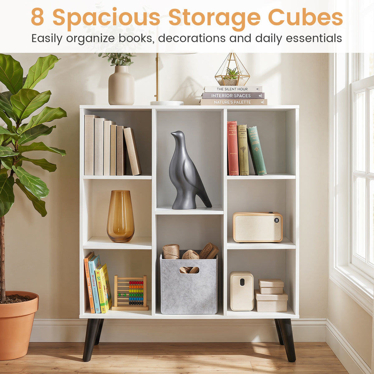 8-Cube Bookcase with Raised Support Legs for Living Room-White