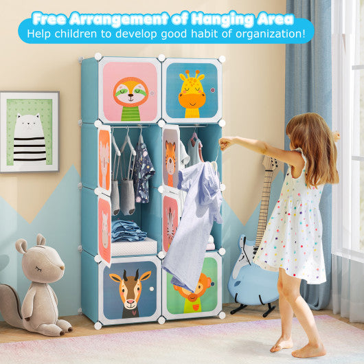 8-Cube Kids Wardrobe Closet with Clothes Hanging Section and Doors-Blue