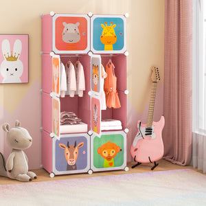 8-Cube Kids Wardrobe Closet with Clothes Hanging Section and Doors-Pink
