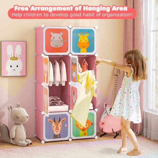 8-Cube Kids Wardrobe Closet with Clothes Hanging Section and Doors-Pink