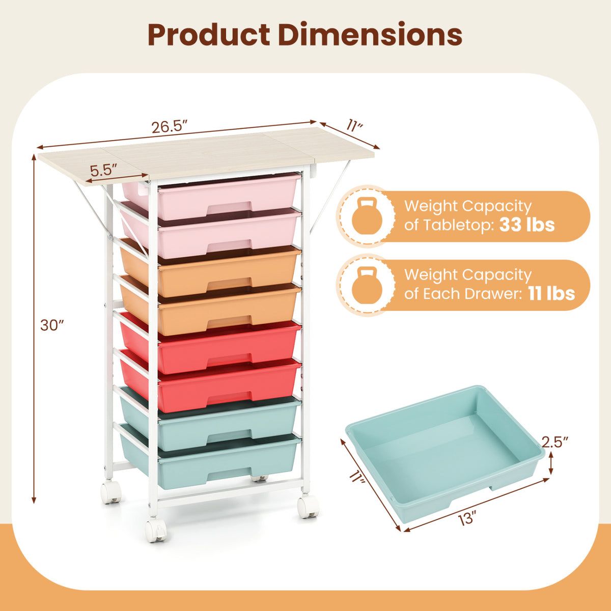 8-Drawer Rolling Cart with Wooden Tabletop and Folding Side Panels for Living Room-Macaron