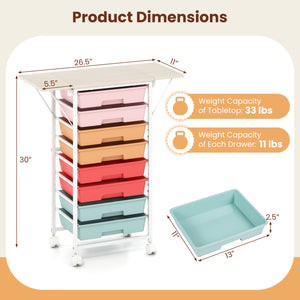 8-Drawer Rolling Cart with Wooden Tabletop and Folding Side Panels for Living Room-Macaron