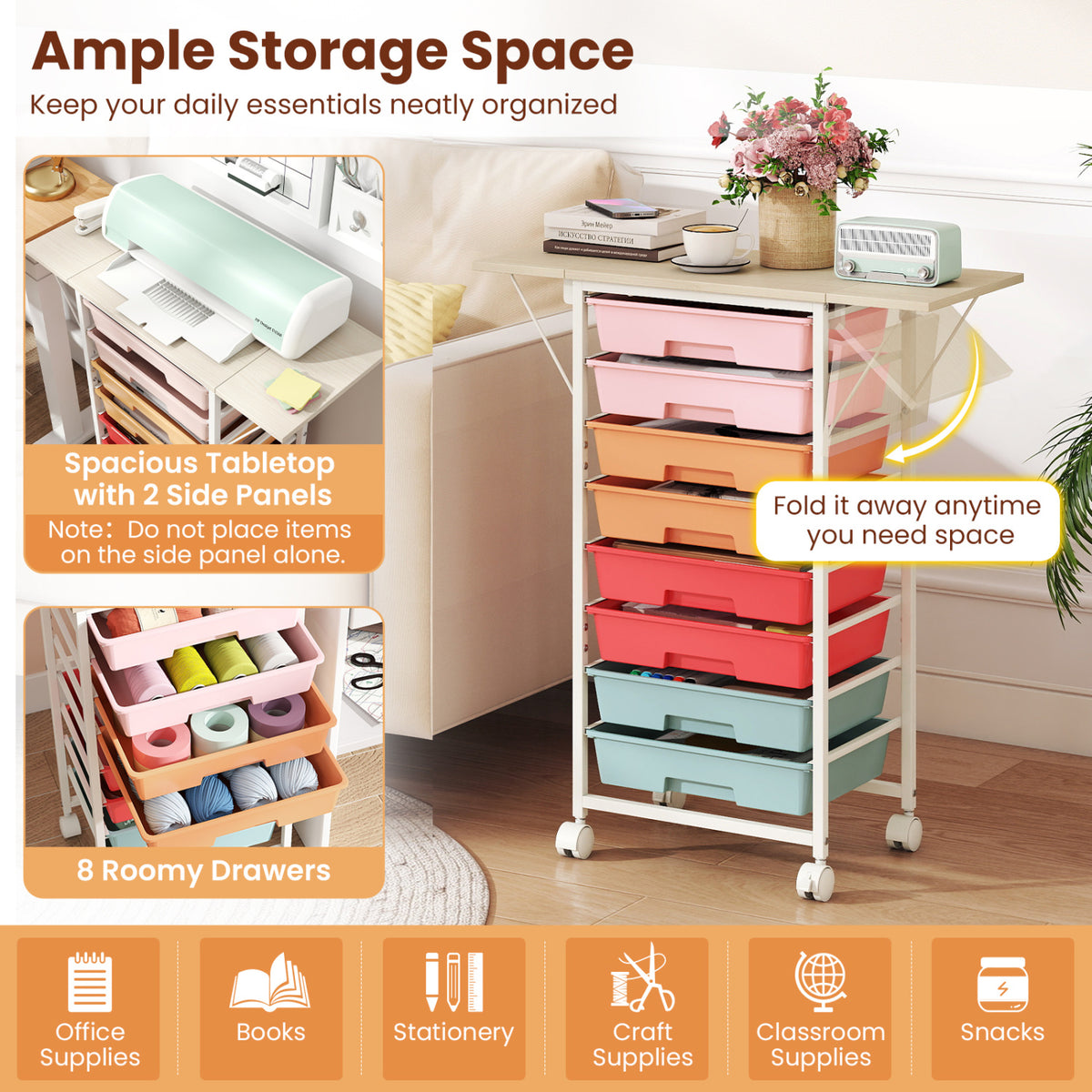 8-Drawer Rolling Cart with Wooden Tabletop and Folding Side Panels for Living Room-Macaron