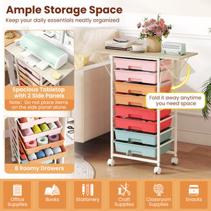 8-Drawer Rolling Cart with Wooden Tabletop and Folding Side Panels for Living Room-Macaron