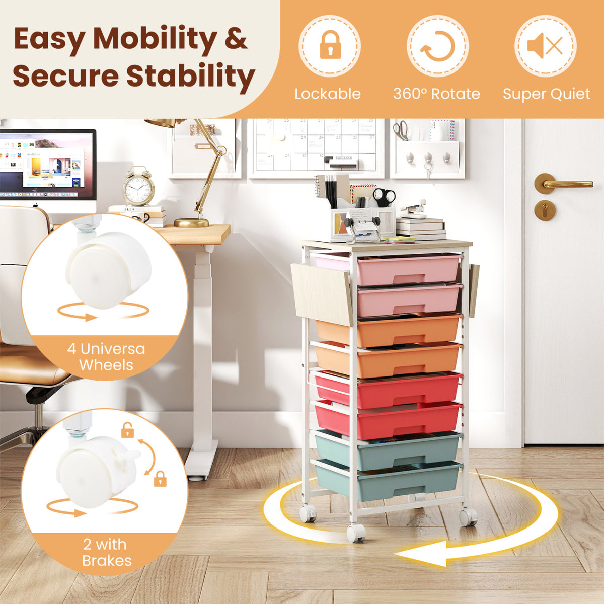 8-Drawer Rolling Cart with Wooden Tabletop and Folding Side Panels for Living Room-Macaron