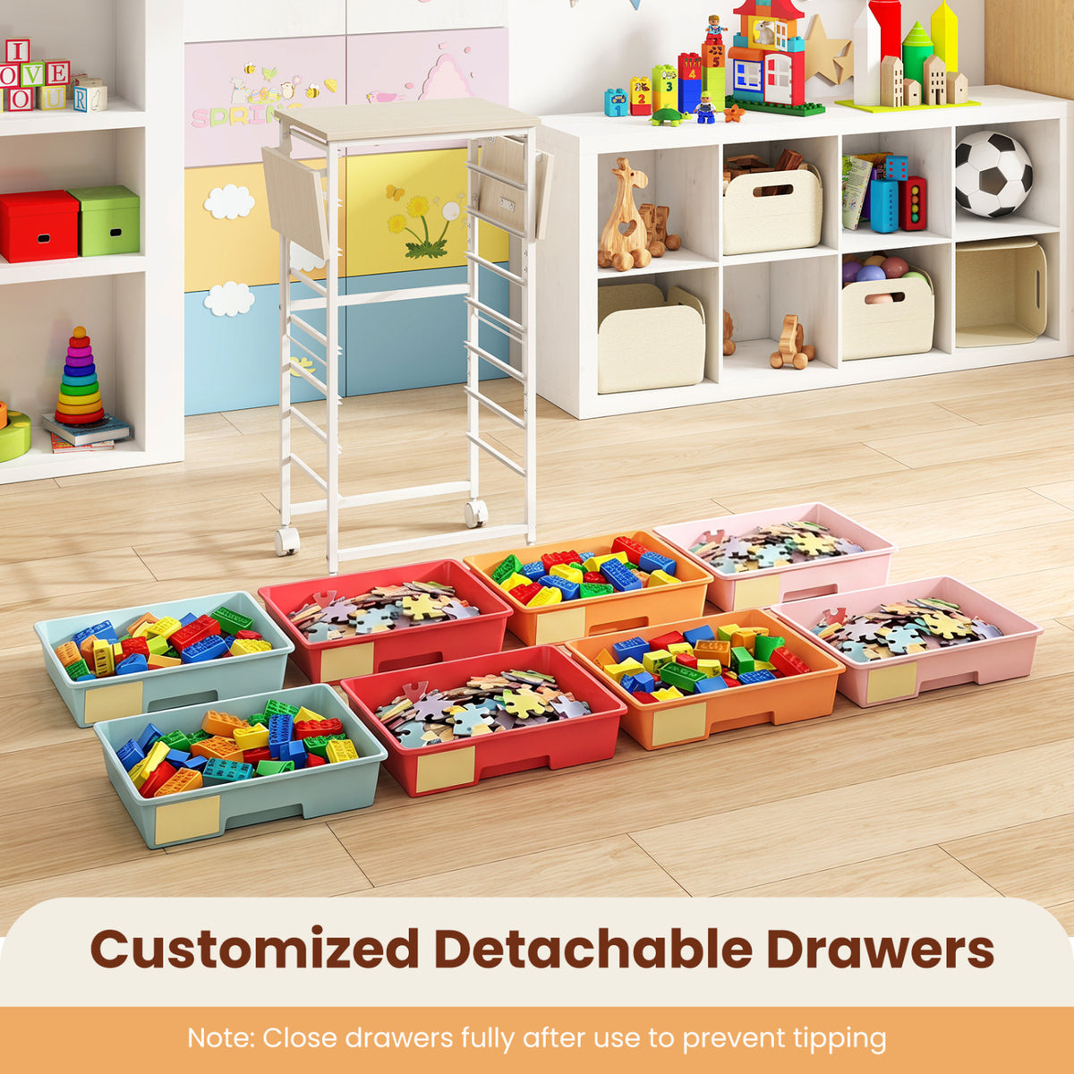 8-Drawer Rolling Cart with Wooden Tabletop and Folding Side Panels for Living Room-Macaron