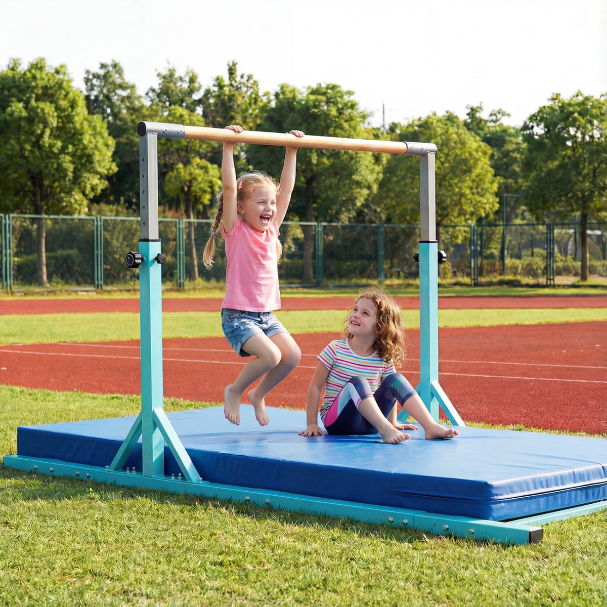 8 FT Double Horizontal Bars with 13-Level Adjustable Heights-Green