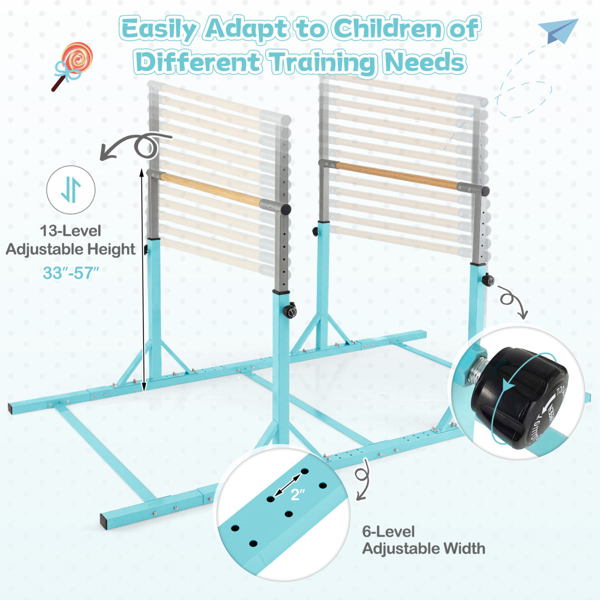 8 FT Double Horizontal Bars with 13-Level Adjustable Heights-Green