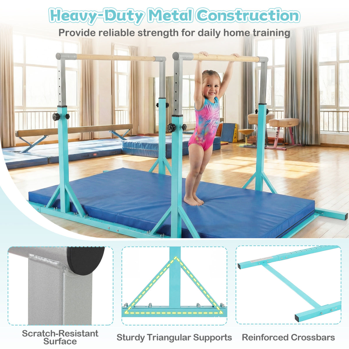 8 FT Double Horizontal Bars with 13-Level Adjustable Heights-Green
